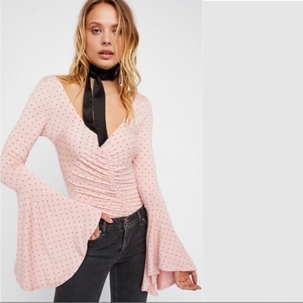 Free people what a babe top pink with polka dots flare bell sleeves